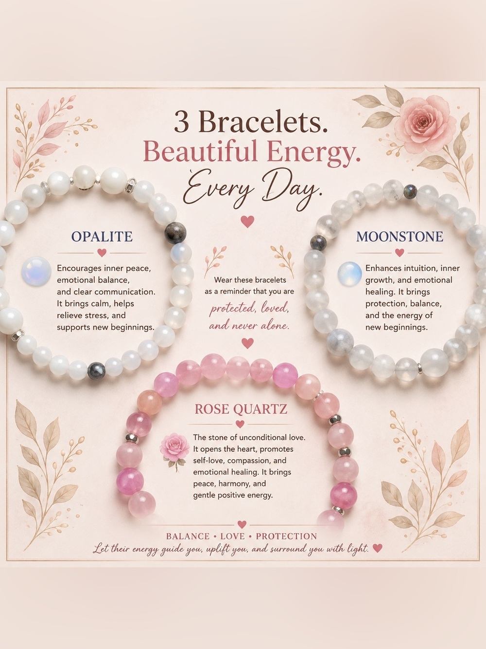 Rose Quartz & White Jade Bracelet Trio